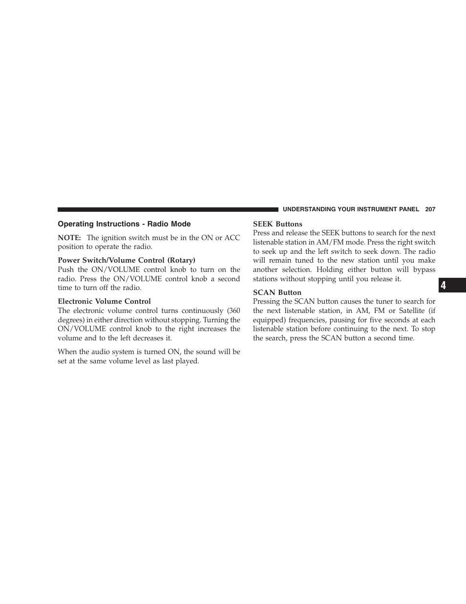 Operating instructions - radio mode | Jeep 2009 Grand Cherokee SRT - Owner Manual User Manual | Page 209 / 439