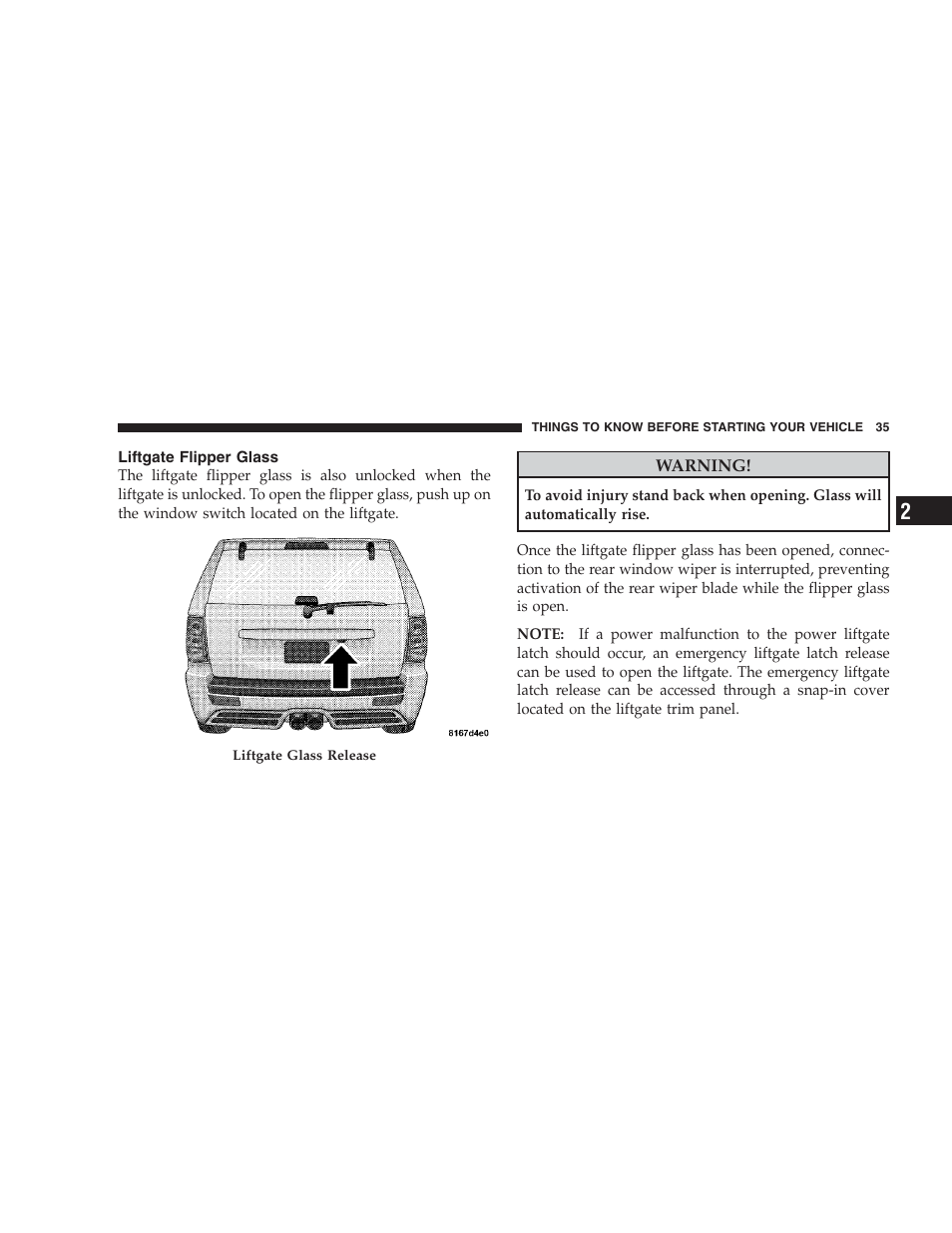 Liftgate flipper glass | Jeep 2009 Grand Cherokee SRT - Owner Manual User Manual | Page 37 / 439