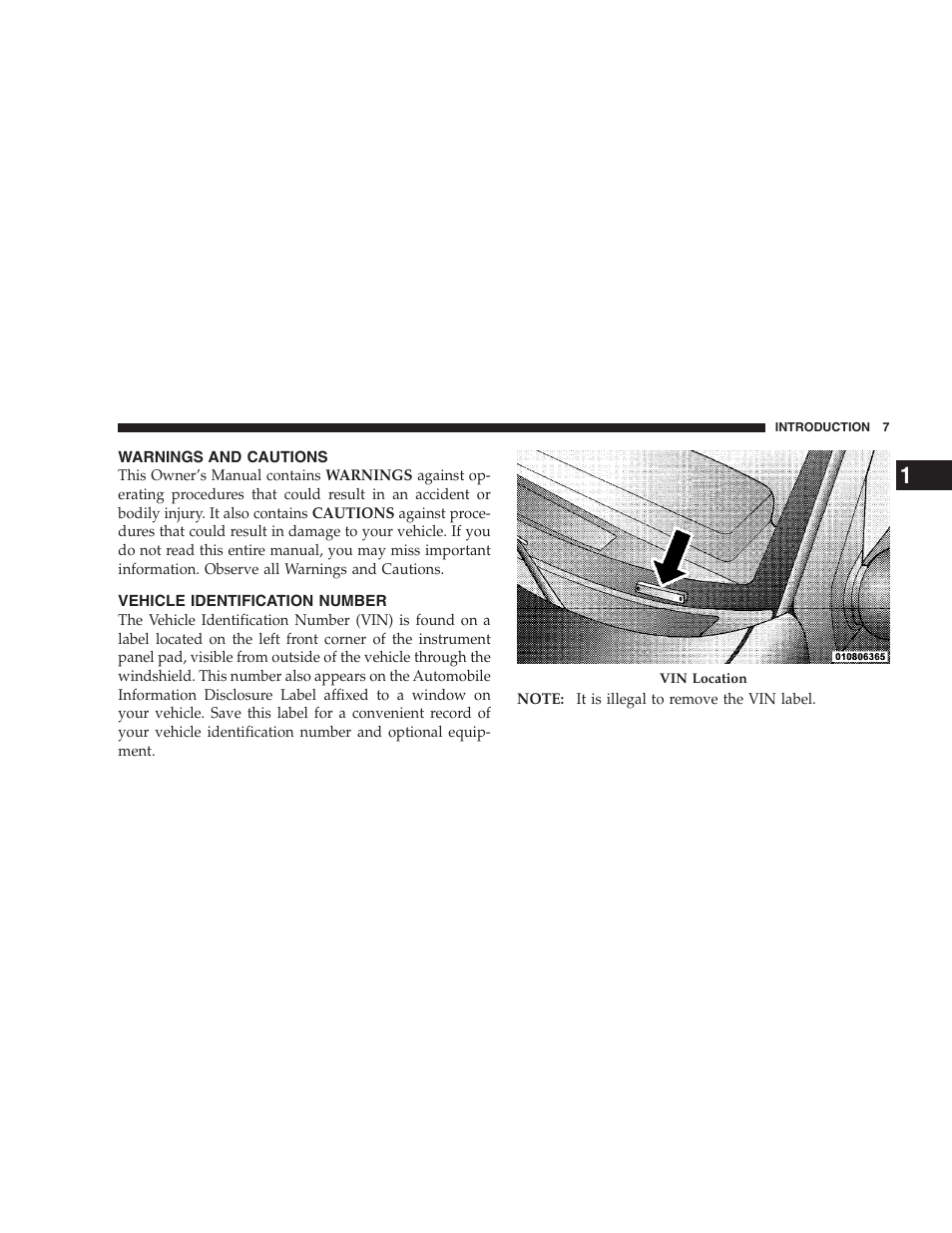 Warnings and cautions, Vehicle identification number | Jeep 2009 Grand Cherokee SRT - Owner Manual User Manual | Page 9 / 439