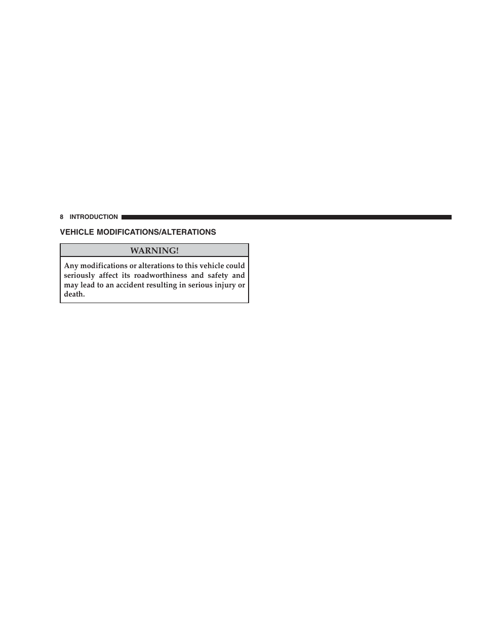 Vehicle modifications/alterations | Jeep 2009 Compass - Owner Manual User Manual | Page 10 / 439