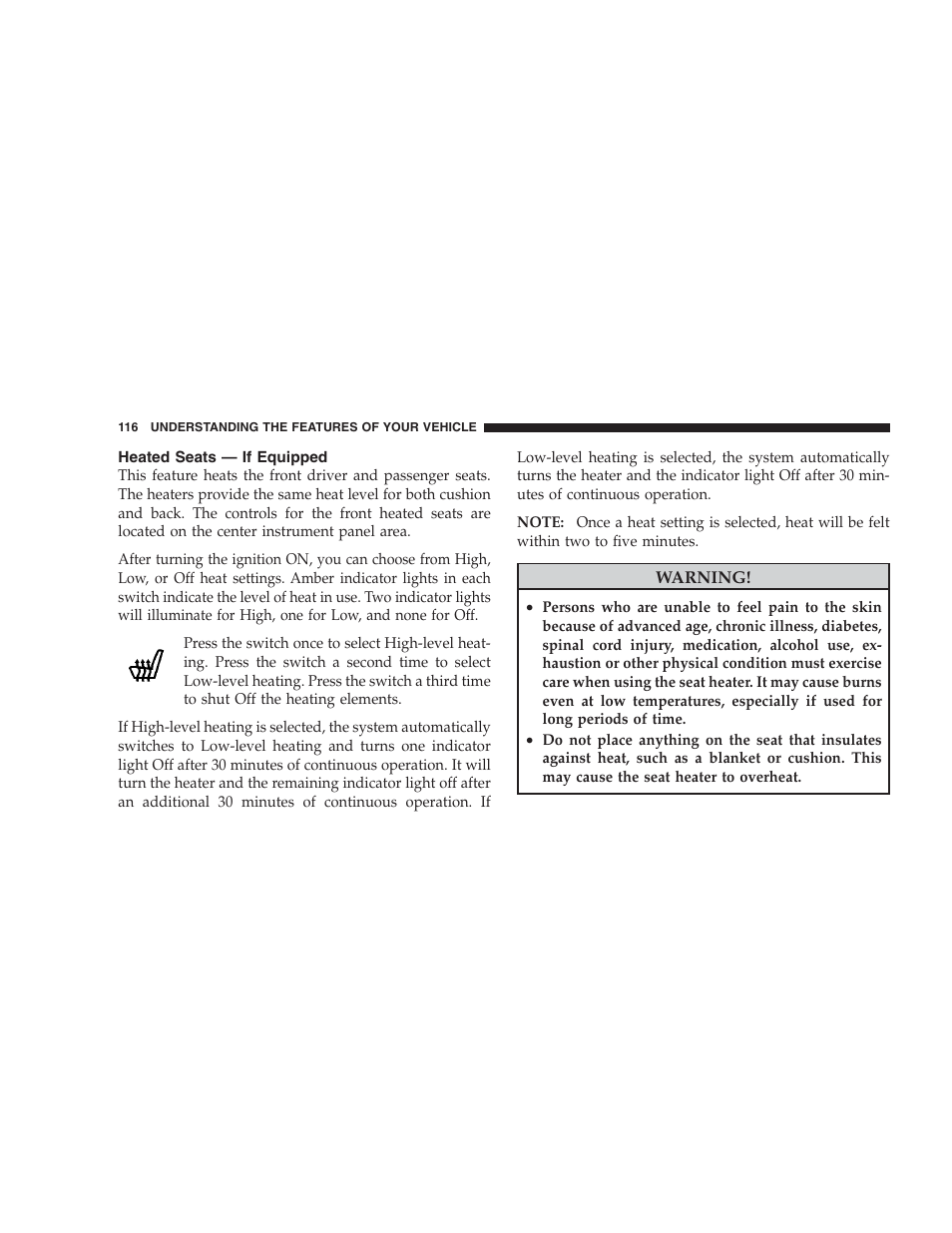 Heated seats - if equipped, Heated seats — if equipped | Jeep 2009 Compass - Owner Manual User Manual | Page 118 / 439