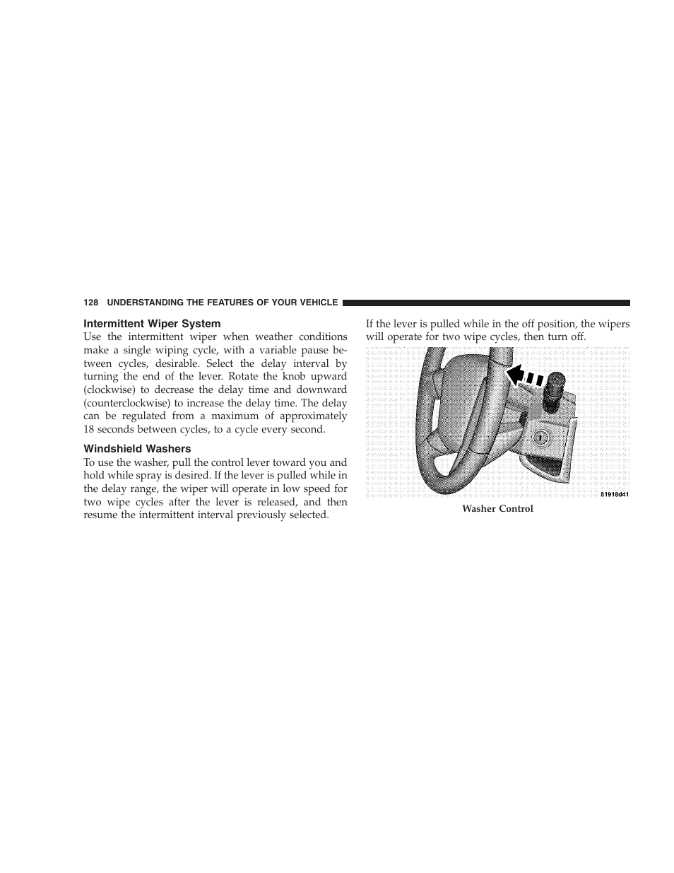 Intermittent wiper system, Windshield washers | Jeep 2009 Compass - Owner Manual User Manual | Page 130 / 439