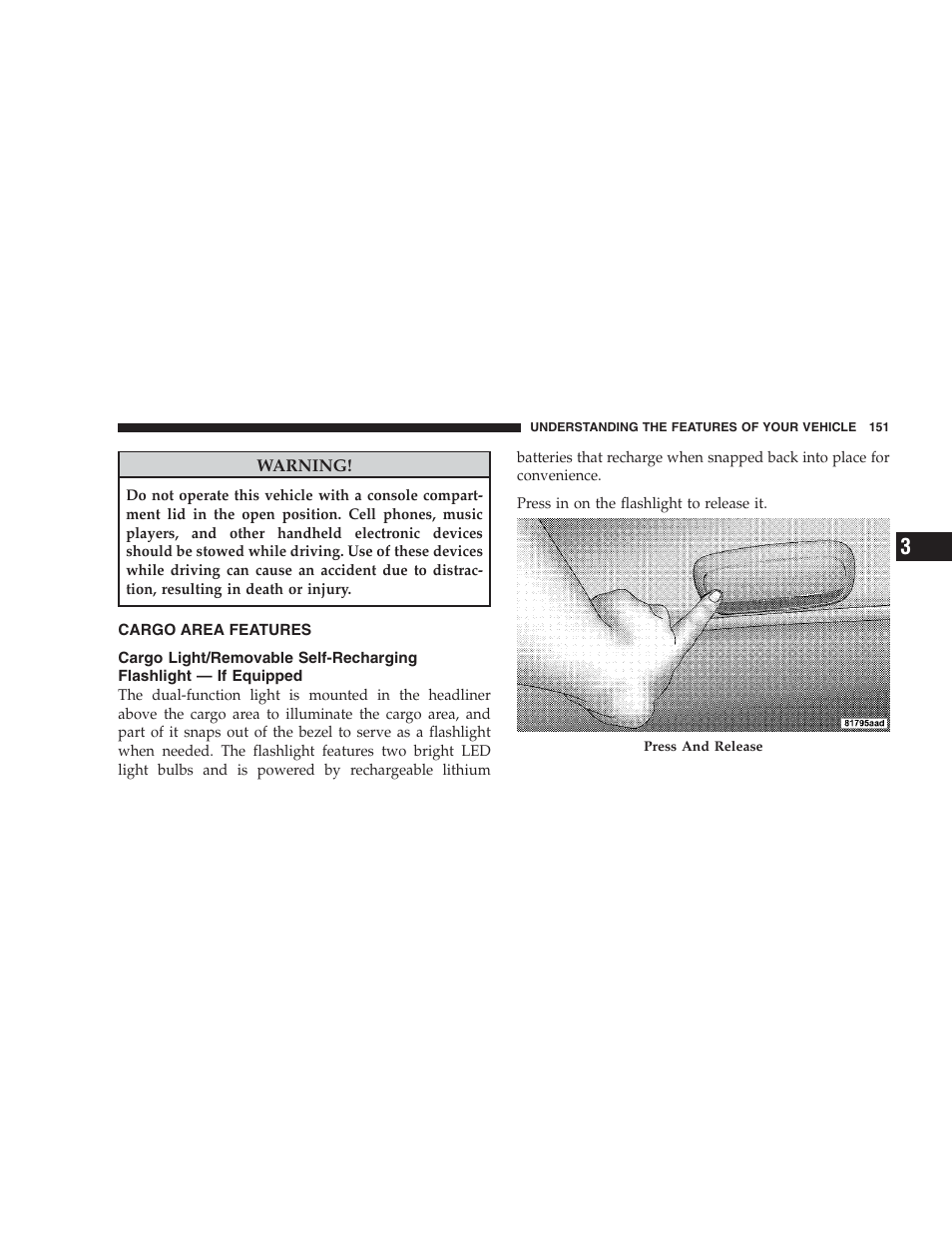 Cargo area features, Cargo light/removable self-recharging, Flashlight — if equipped | Jeep 2009 Compass - Owner Manual User Manual | Page 153 / 439