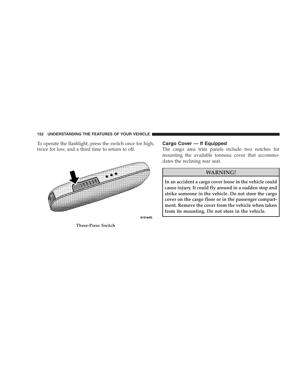 Cargo cover - if equipped, Cargo cover — if equipped | Jeep 2009 Compass - Owner Manual User Manual | Page 154 / 439