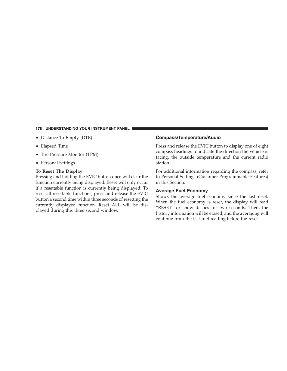 Compass/temperature/audio, Average fuel economy | Jeep 2009 Compass - Owner Manual User Manual | Page 180 / 439