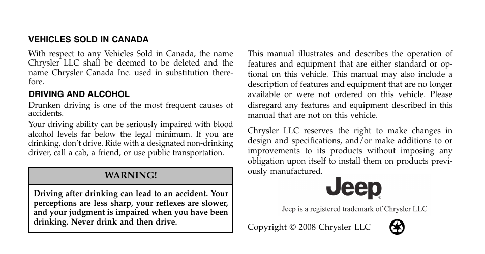 Jeep 2009 Compass - Owner Manual User Manual | Page 2 / 439