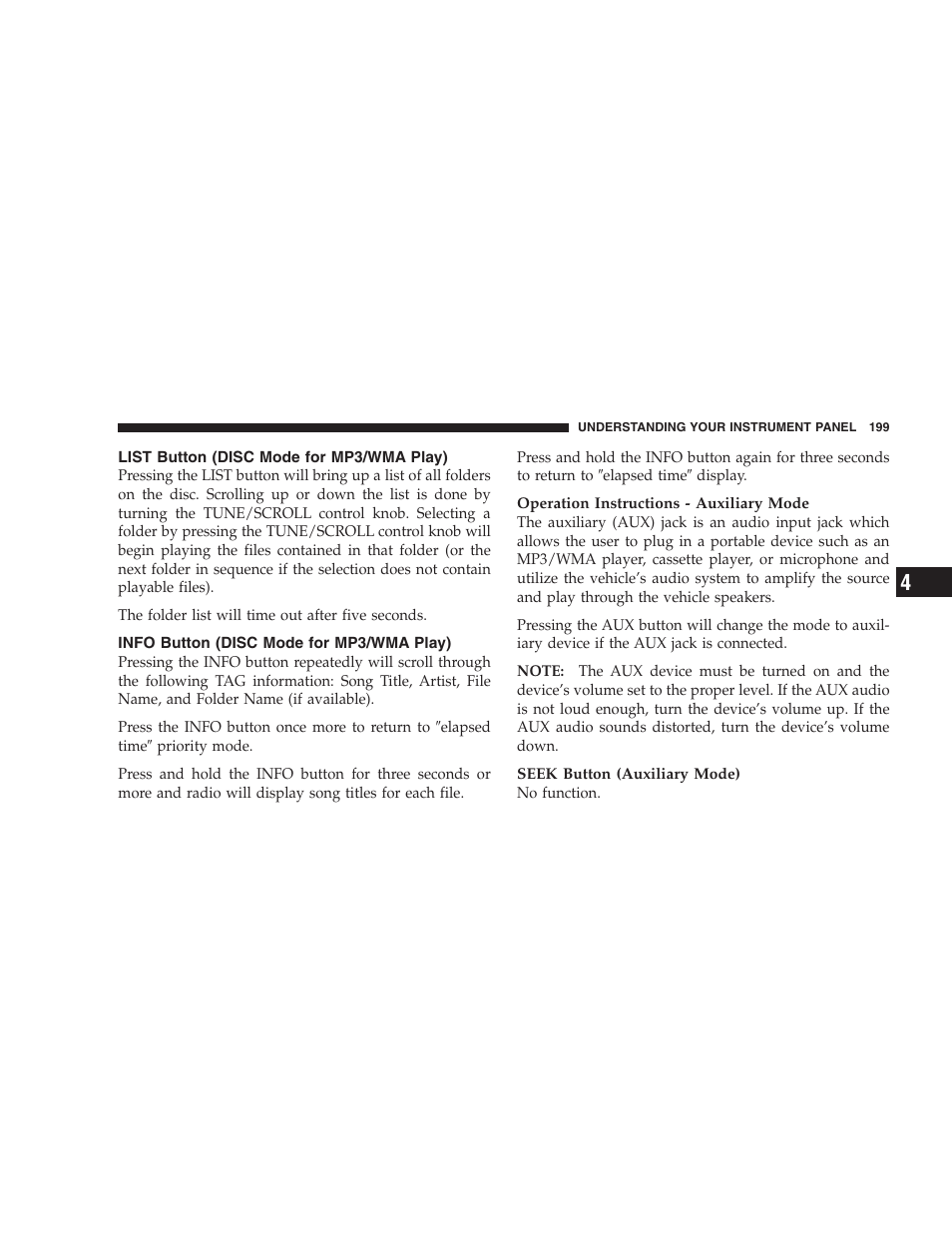 List button (disc mode for mp3/wma play), Info button (disc mode for mp3/wma play), List button | Disc mode for mp3/wma play), Info button | Jeep 2009 Compass - Owner Manual User Manual | Page 201 / 439