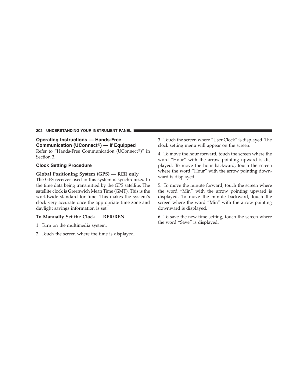 Clock setting procedure, Operating instructions — hands-free, Communication (uconnect | If equipped | Jeep 2009 Compass - Owner Manual User Manual | Page 204 / 439