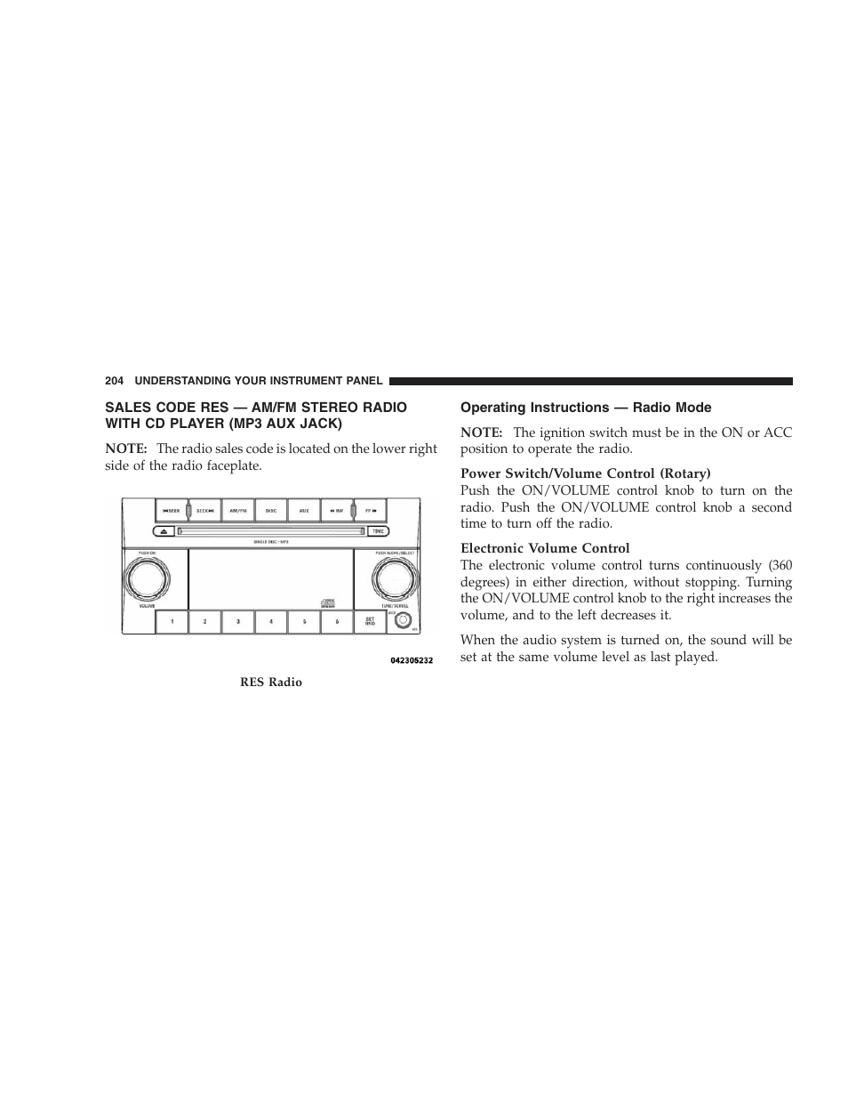 Operating instructions - radio mode, Sales code res — am/fm stereo radio with, Cd player (mp3 aux jack) | Operating instructions — radio mode | Jeep 2009 Compass - Owner Manual User Manual | Page 206 / 439