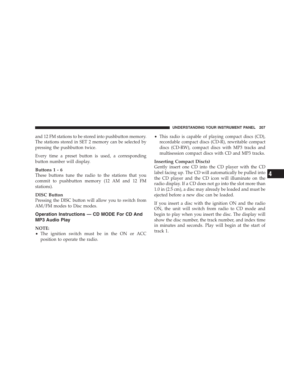 Operation instructions — cd mode for cd, And mp3 audio play | Jeep 2009 Compass - Owner Manual User Manual | Page 209 / 439