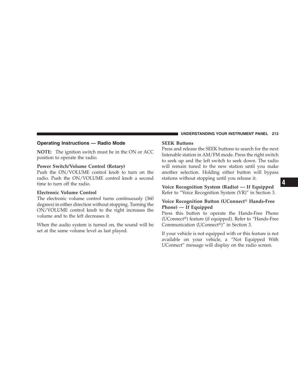 Operating instructions - radio mode, Operating instructions — radio mode | Jeep 2009 Compass - Owner Manual User Manual | Page 215 / 439