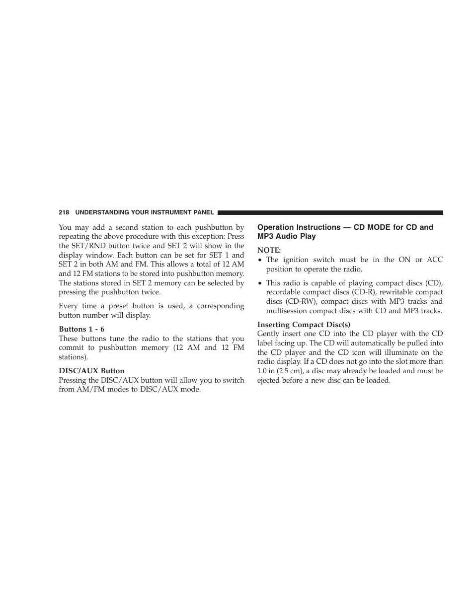 Operation instructions — cd mode for cd, And mp3 audio play | Jeep 2009 Compass - Owner Manual User Manual | Page 220 / 439