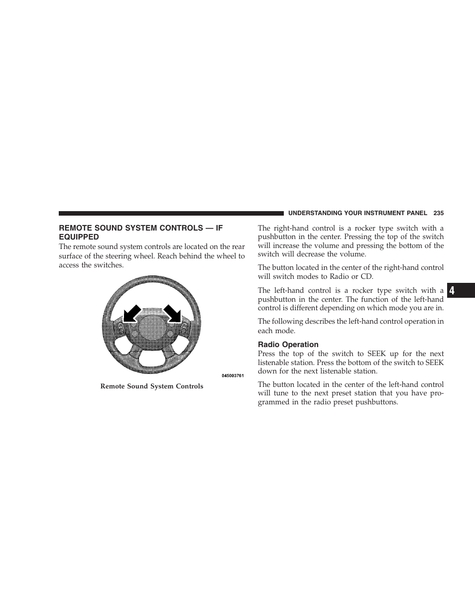 Remote sound system controls - if equipped, Radio operation, Remote sound system controls | If equipped | Jeep 2009 Compass - Owner Manual User Manual | Page 237 / 439