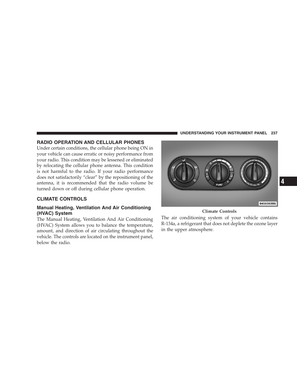 Radio operation and cellular phones, Climate controls, Manual heating, ventilation and air | Conditioning (hvac) system | Jeep 2009 Compass - Owner Manual User Manual | Page 239 / 439