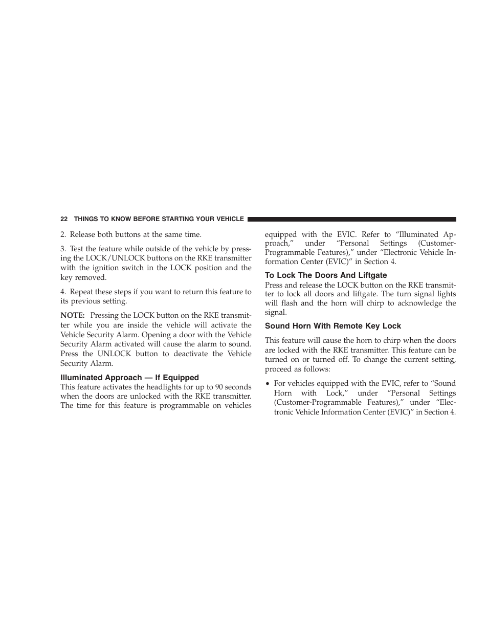 Illuminated approach - if equipped, To lock the doors and liftgate, Sound horn with remote key lock | Illuminated approach — if equipped | Jeep 2009 Compass - Owner Manual User Manual | Page 24 / 439