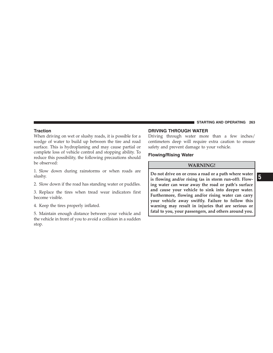 Traction, Driving through water, Flowing/rising water | Jeep 2009 Compass - Owner Manual User Manual | Page 265 / 439