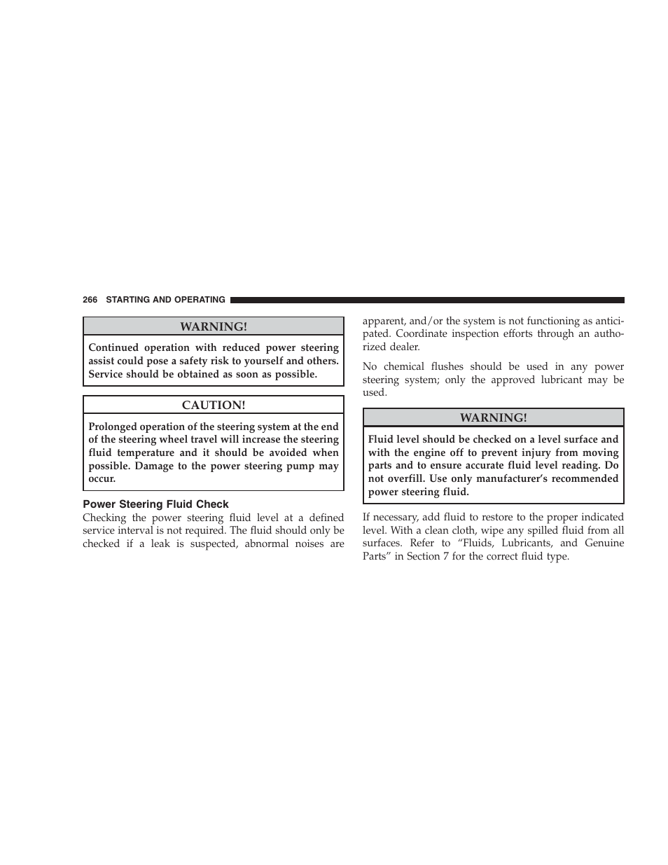 Power steering fluid check | Jeep 2009 Compass - Owner Manual User Manual | Page 268 / 439