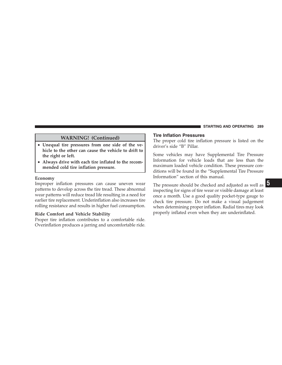 Tire inflation pressures | Jeep 2009 Compass - Owner Manual User Manual | Page 291 / 439