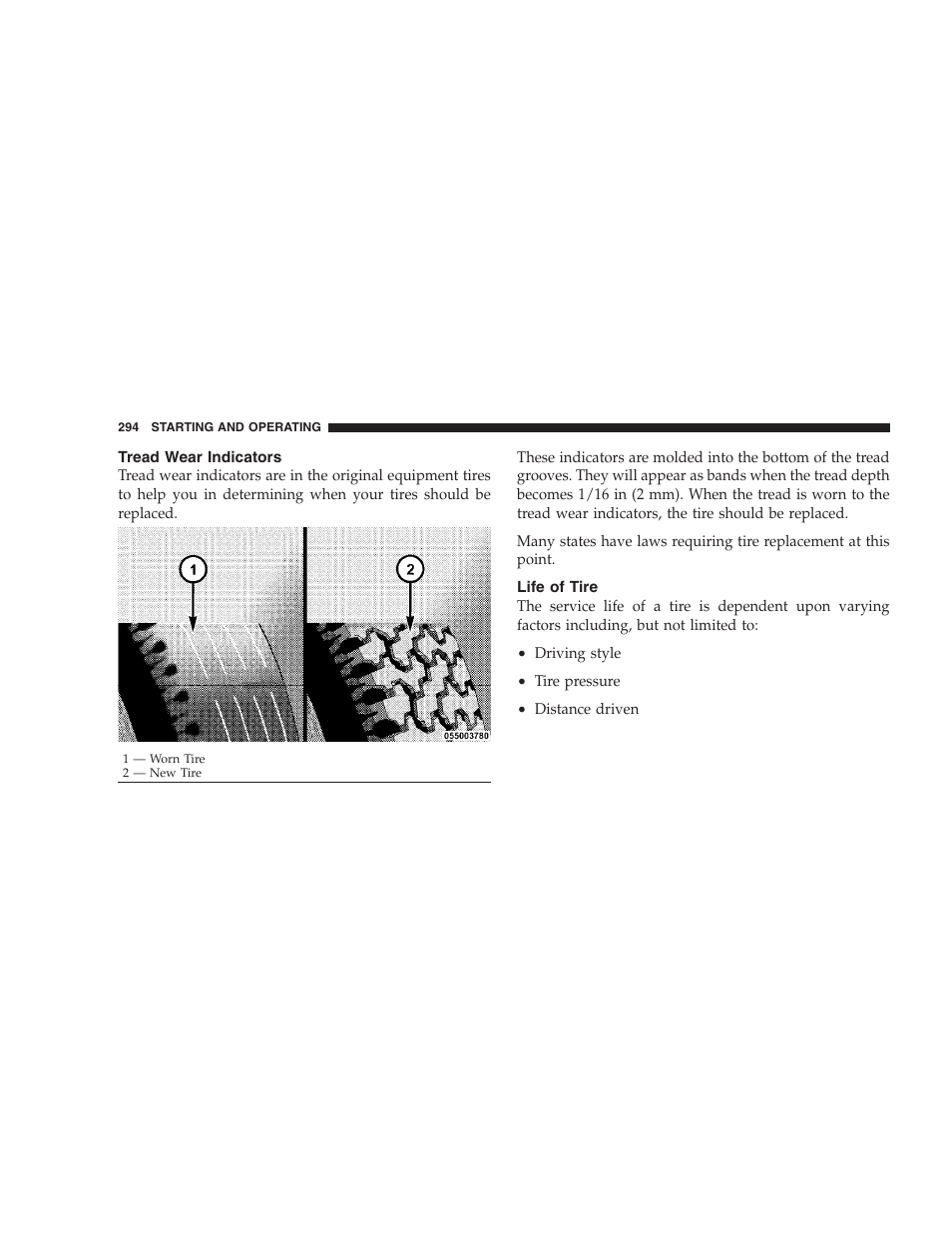 Tread wear indicators, Life of tire | Jeep 2009 Compass - Owner Manual User Manual | Page 296 / 439