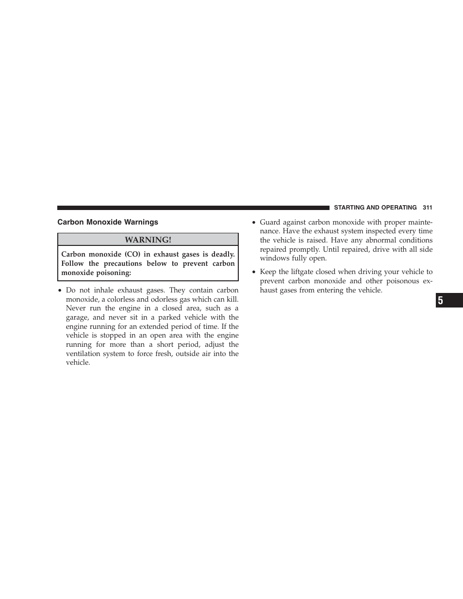 Carbon monoxide warnings | Jeep 2009 Compass - Owner Manual User Manual | Page 313 / 439