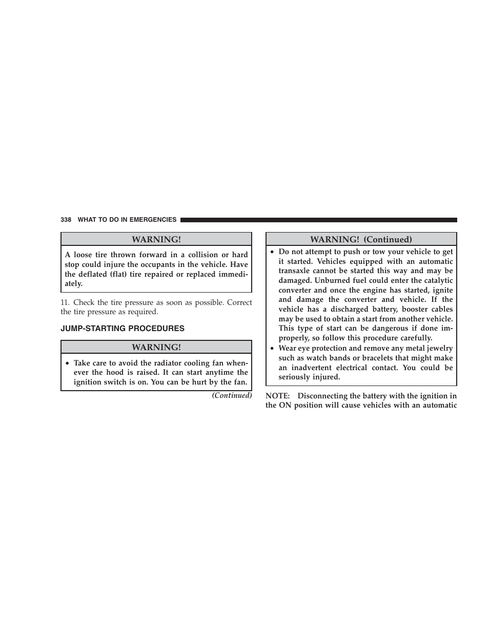 Jump-starting procedures | Jeep 2009 Compass - Owner Manual User Manual | Page 340 / 439