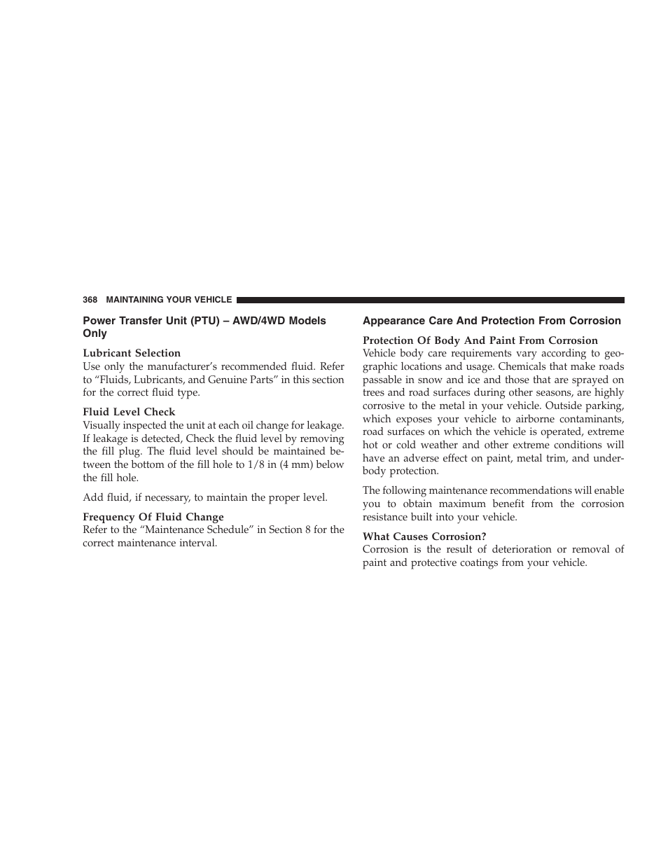 Power transfer unit (ptu) - awd/4wd models only, Appearance care and protection from corrosion, Power transfer unit (ptu) – awd/4wd | Models only, Appearance care and protection from, Corrosion | Jeep 2009 Compass - Owner Manual User Manual | Page 370 / 439