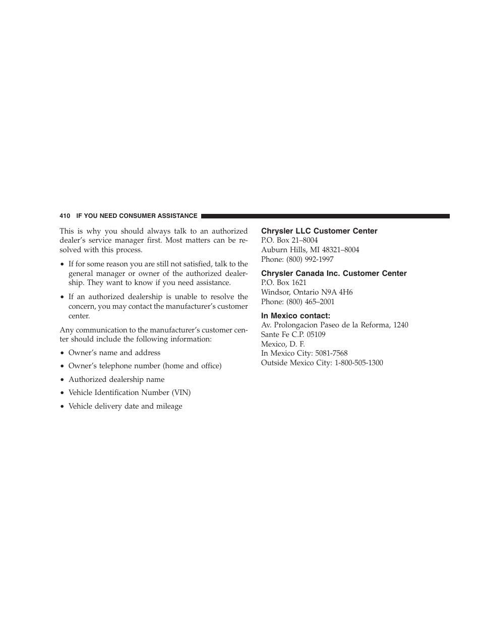 Chrysler llc customer center, Chrysler canada inc. customer center, In mexico contact | Jeep 2009 Compass - Owner Manual User Manual | Page 412 / 439