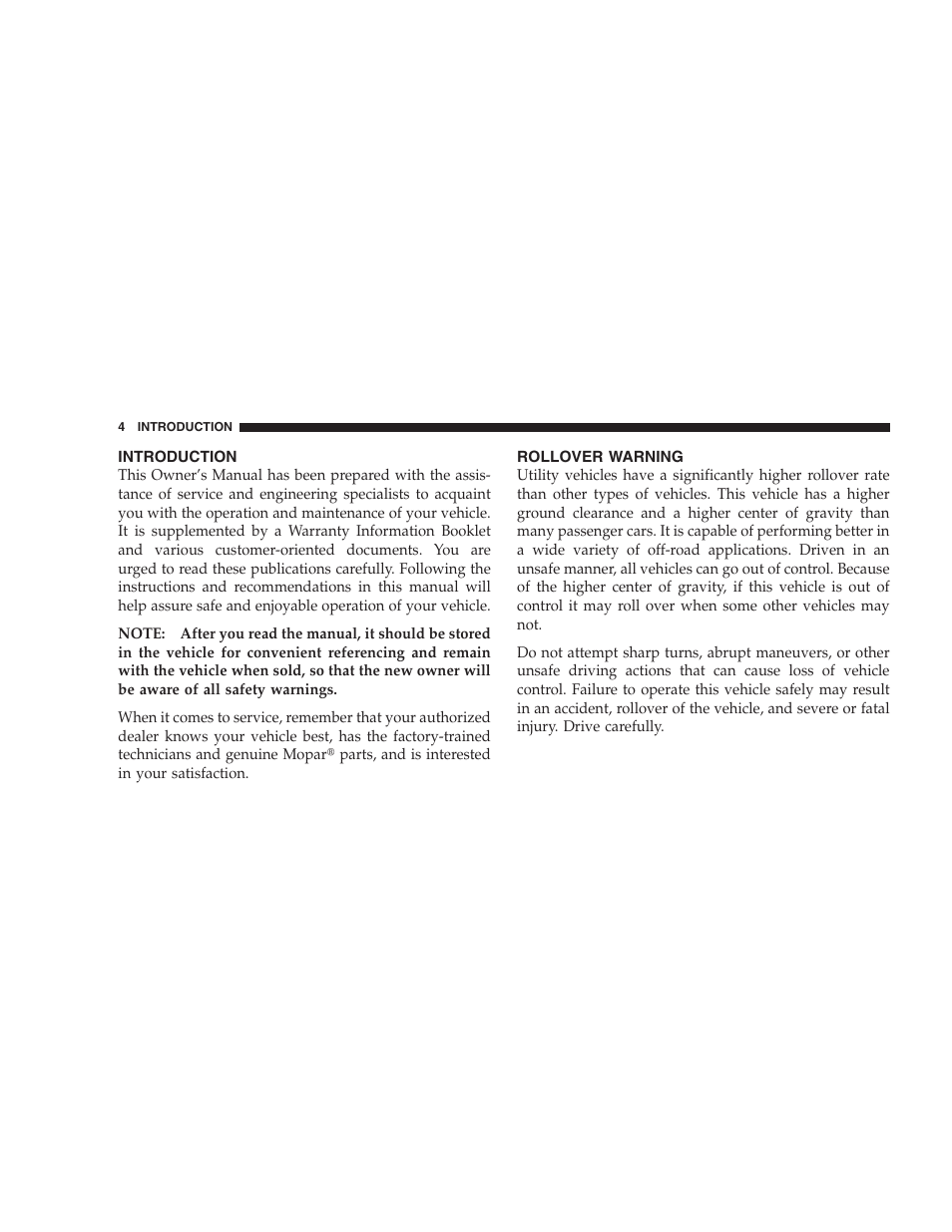 Introduction, Rollover warning | Jeep 2009 Compass - Owner Manual User Manual | Page 6 / 439