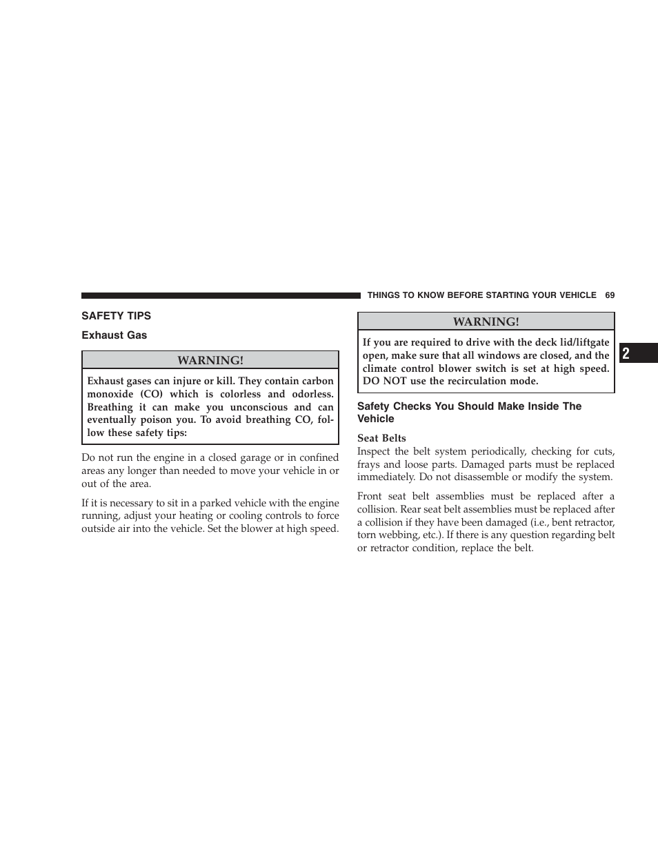 Safety tips, Exhaust gas, Safety checks you should make inside the vehicle | Safety checks you should make inside the, Vehicle | Jeep 2009 Compass - Owner Manual User Manual | Page 71 / 439