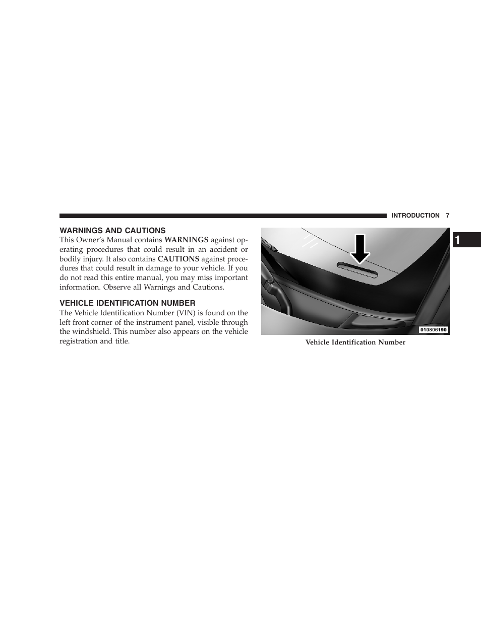 Warnings and cautions, Vehicle identification number | Jeep 2009 Compass - Owner Manual User Manual | Page 9 / 439