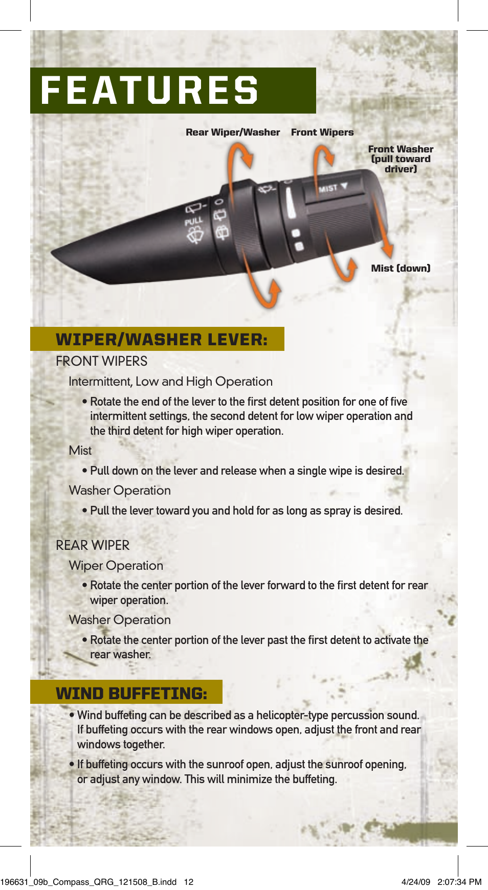 Vehicle features, Wiper/washer lever, Wind buffeting | Jeep 2009 Compass - Quick Reference Guide User Manual | Page 11 / 12
