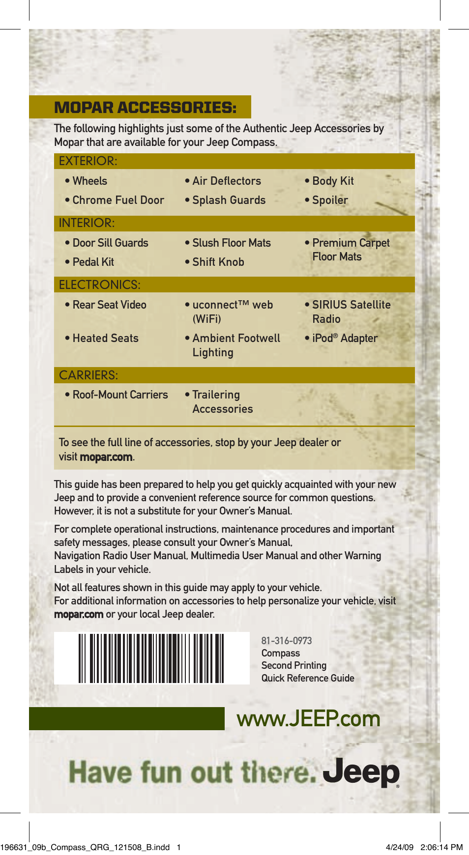 Mopar accessories | Jeep 2009 Compass - Quick Reference Guide User Manual | Page 12 / 12