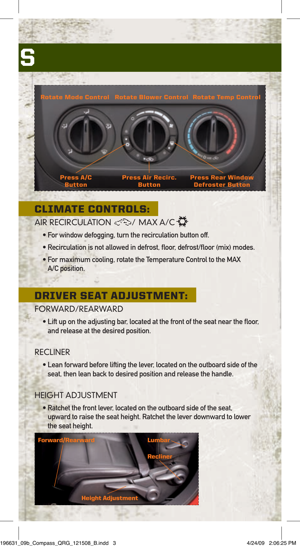 Vehicle features, Climate controls, Driver seat adjustment | Jeep 2009 Compass - Quick Reference Guide User Manual | Page 3 / 12