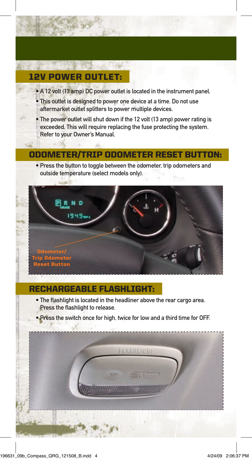 12v power outlet, Odometer/trip odometer reset button, Rechargeable flashlight | Jeep 2009 Compass - Quick Reference Guide User Manual | Page 4 / 12