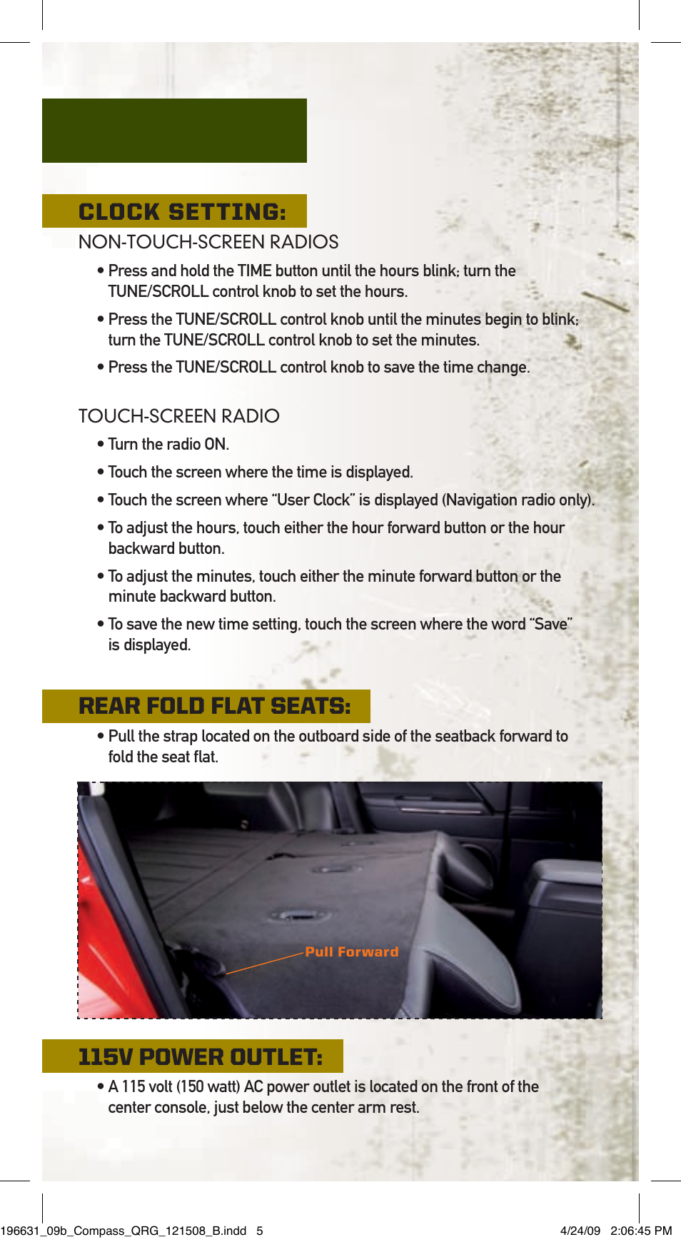 Clock setting, Rear fold flat seats, 115v power outlet | Jeep 2009 Compass - Quick Reference Guide User Manual | Page 5 / 12