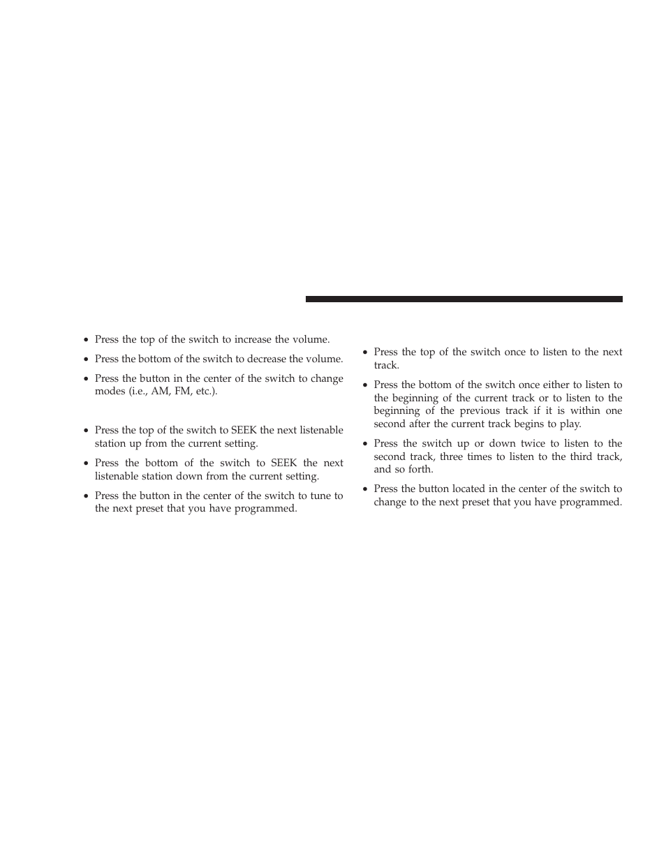 Right-hand switch functions, Left-hand switch functions for radio operation, Left-hand switch functions for radio | Operation, Left-hand switch functions for media, I.e., cd) operation | Jeep 2009 Liberty - Owner Manual User Manual | Page 274 / 506