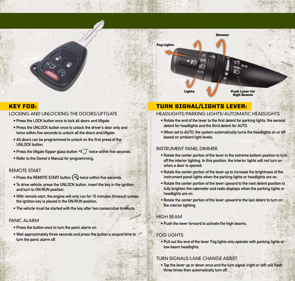 Key fob, Turn signal/lights lever | Jeep 2009 Liberty - Quick Reference Guide User Manual | Page 3 / 6