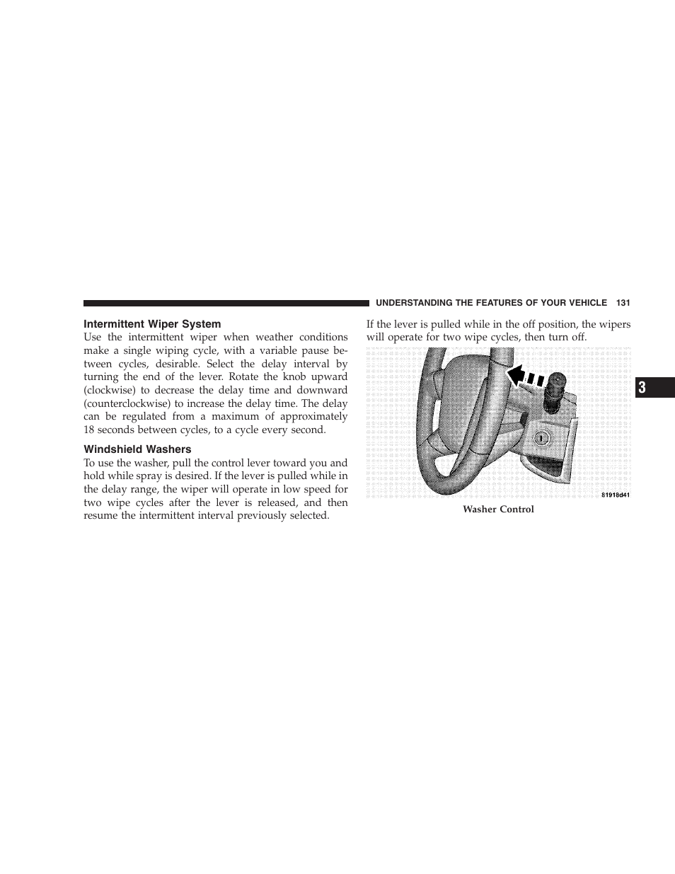 Intermittent wiper system, Windshield washers | Jeep 2009 Patriot - Owner Manual User Manual | Page 133 / 457