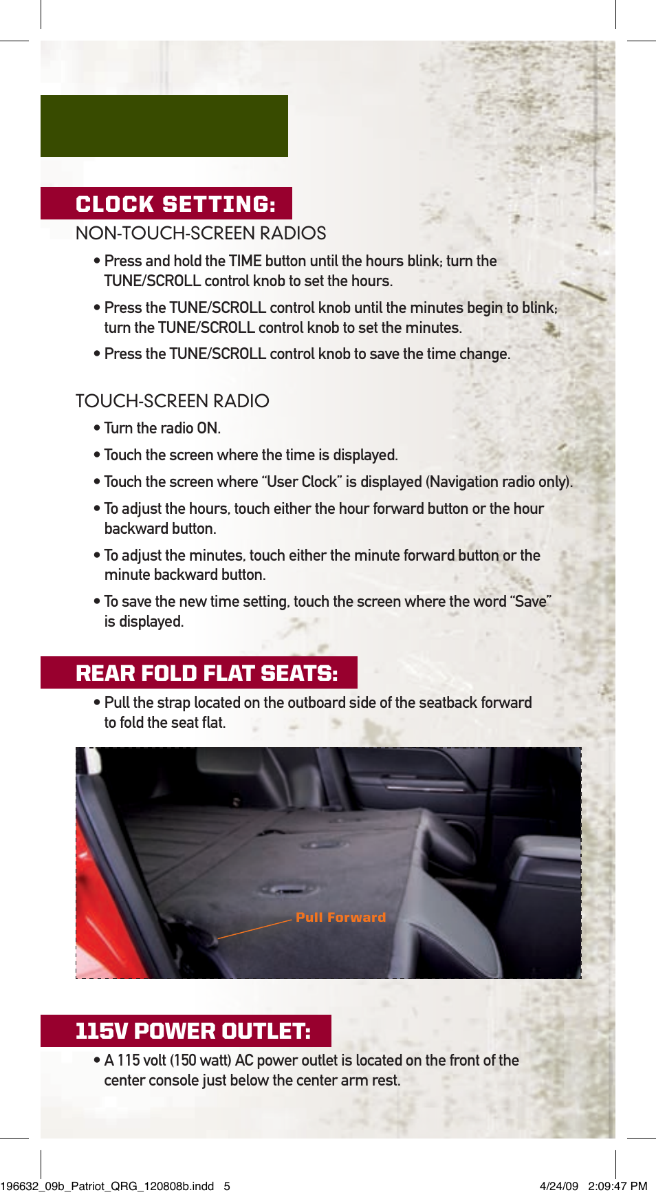 Clock setting, Rear fold flat seats, 115v power outlet | Jeep 2009 Patriot - Quick Reference Guide User Manual | Page 5 / 12