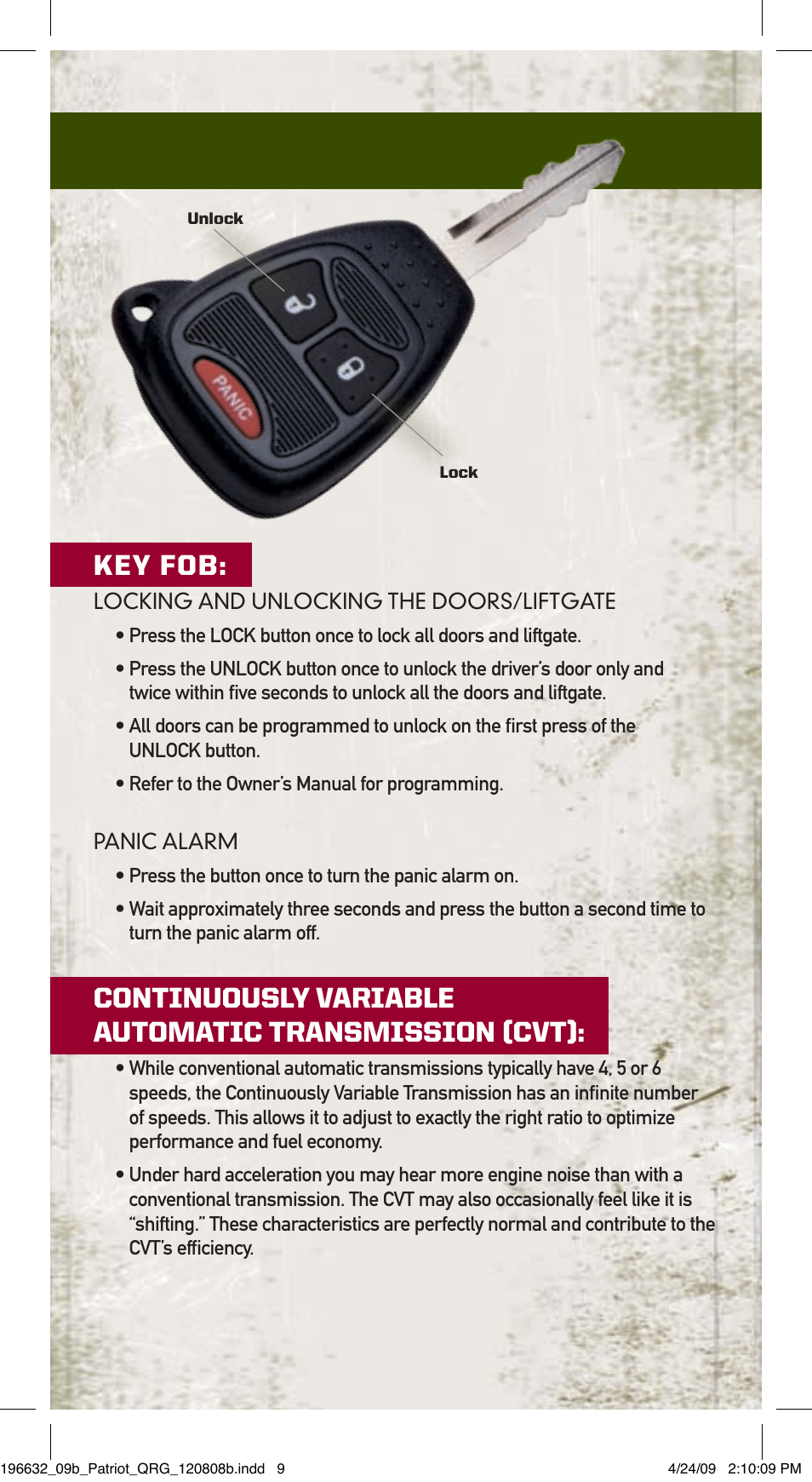 Key fob, Continuously variable automatic transmission (cvt) | Jeep 2009 Patriot - Quick Reference Guide User Manual | Page 8 / 12