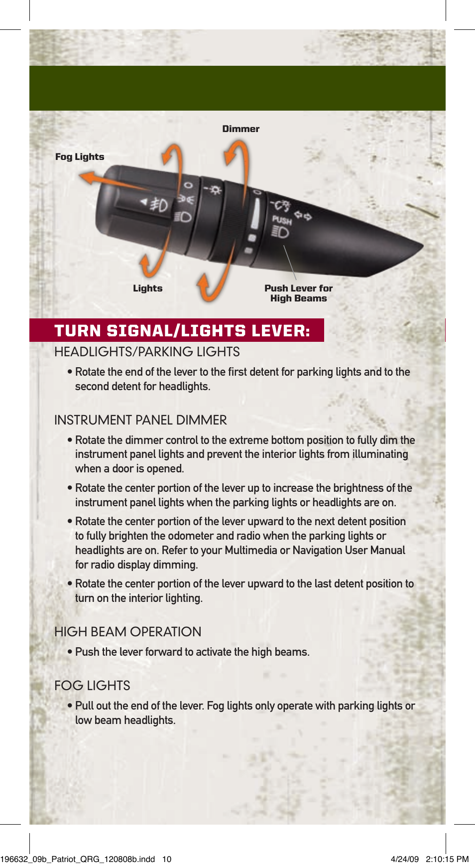 Turn signal/lights lever | Jeep 2009 Patriot - Quick Reference Guide User Manual | Page 9 / 12