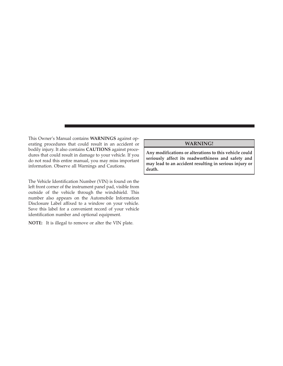 Warnings and cautions, Vehicle identification number, Vehicle modifications/alterations | Jeep 2009 Wrangler - Owner Manual User Manual | Page 10 / 502