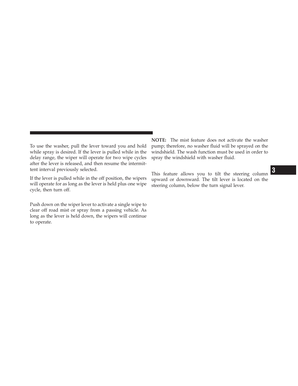 Windshield washers, Mist feature, Tilt steering column | Jeep 2009 Wrangler - Owner Manual User Manual | Page 103 / 502