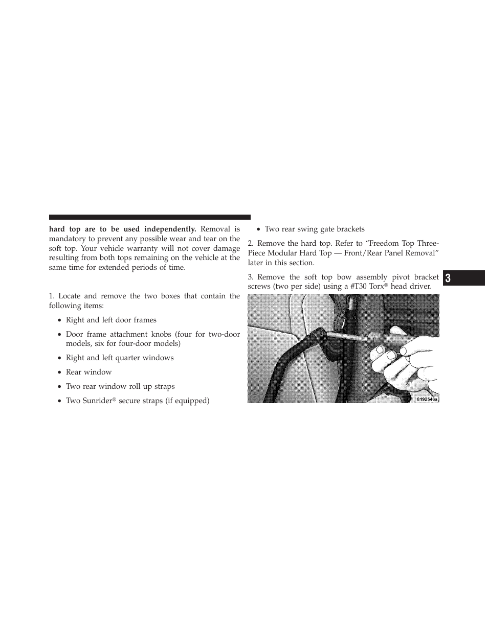 Removing the soft top | Jeep 2009 Wrangler - Owner Manual User Manual | Page 113 / 502