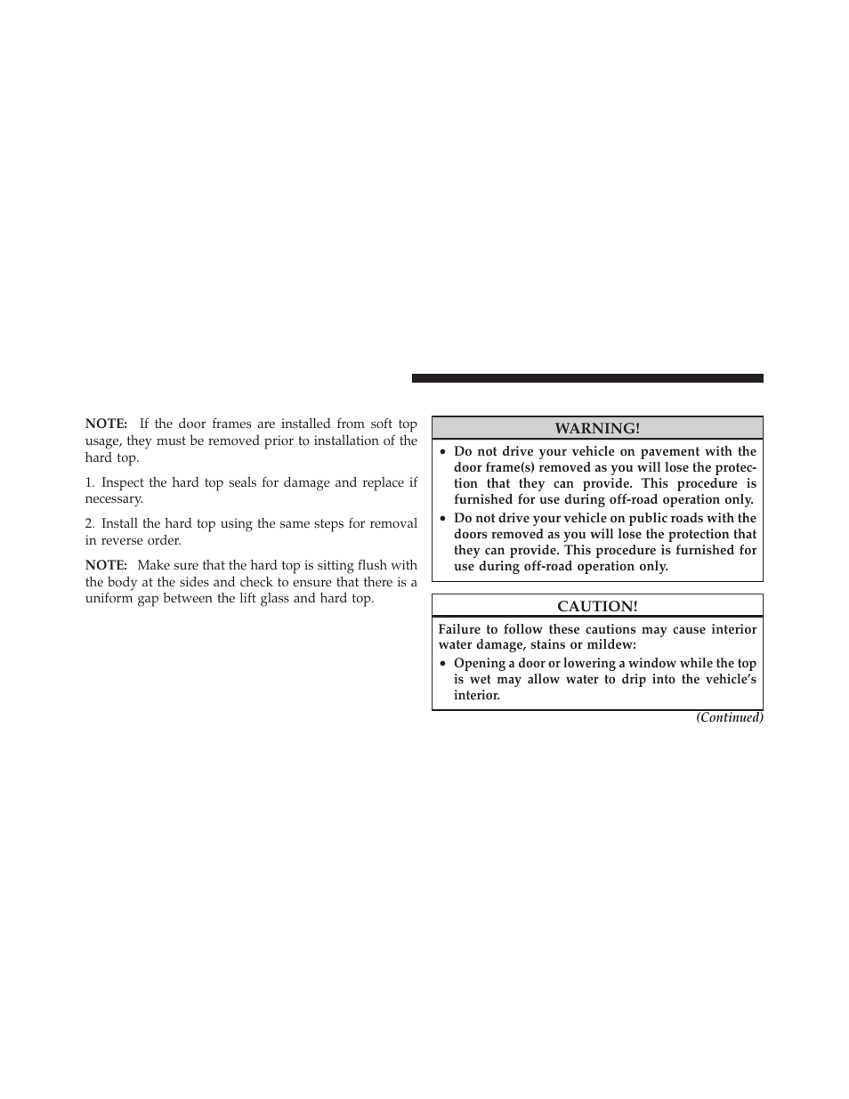 Rear hard top installation, Door frame | Jeep 2009 Wrangler - Owner Manual User Manual | Page 124 / 502