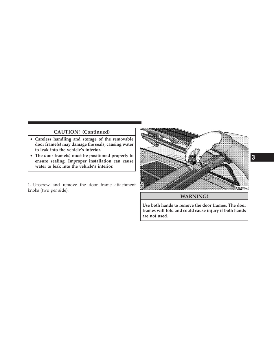 Door frame removal — two-door models, Door frame removal, Two-door models | Jeep 2009 Wrangler - Owner Manual User Manual | Page 125 / 502