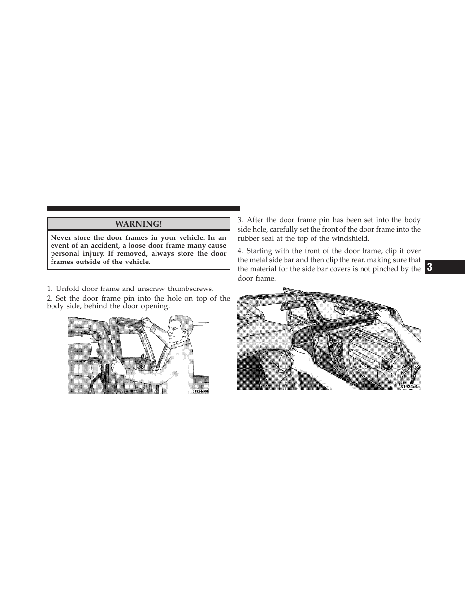 Door frame installation — two-door models, Door frame installation, Two-door models | Jeep 2009 Wrangler - Owner Manual User Manual | Page 127 / 502