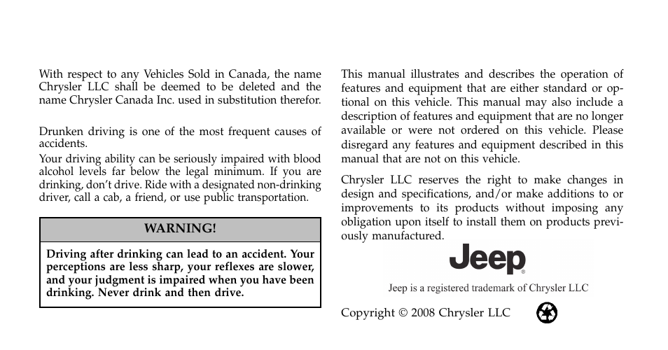 Jeep 2009 Wrangler - Owner Manual User Manual | Page 2 / 502