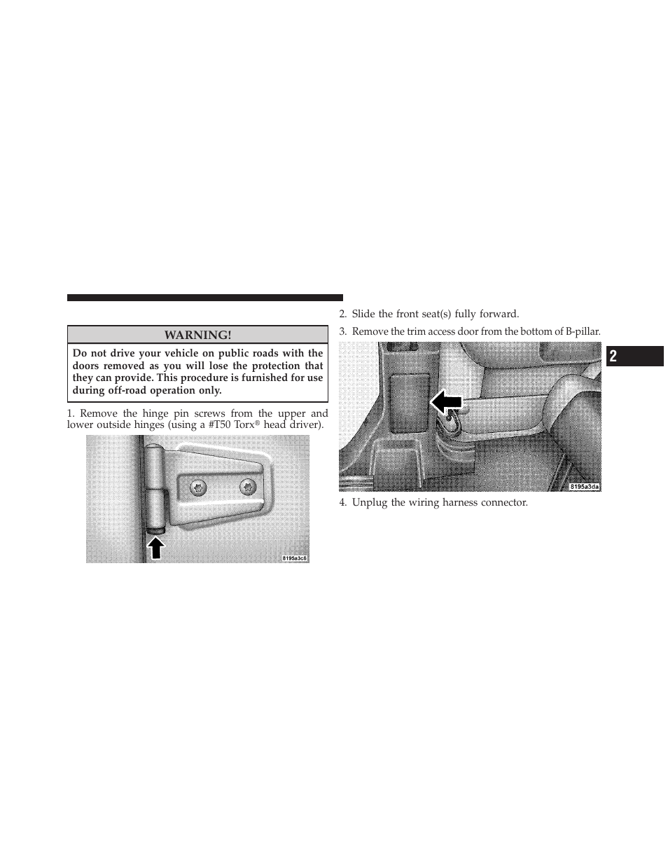 Rear door removal (four-door models) | Jeep 2009 Wrangler - Owner Manual User Manual | Page 31 / 502