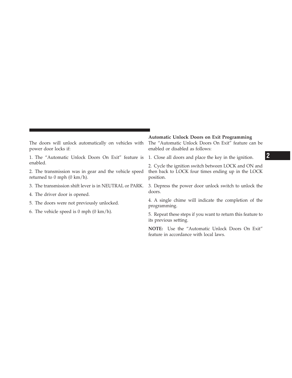 Automatic unlock doors on exit | Jeep 2009 Wrangler - Owner Manual User Manual | Page 35 / 502